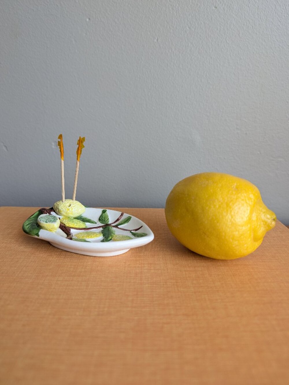 Vintage Italian Majolica Lemon Slice Serving Dish with Pick Holders